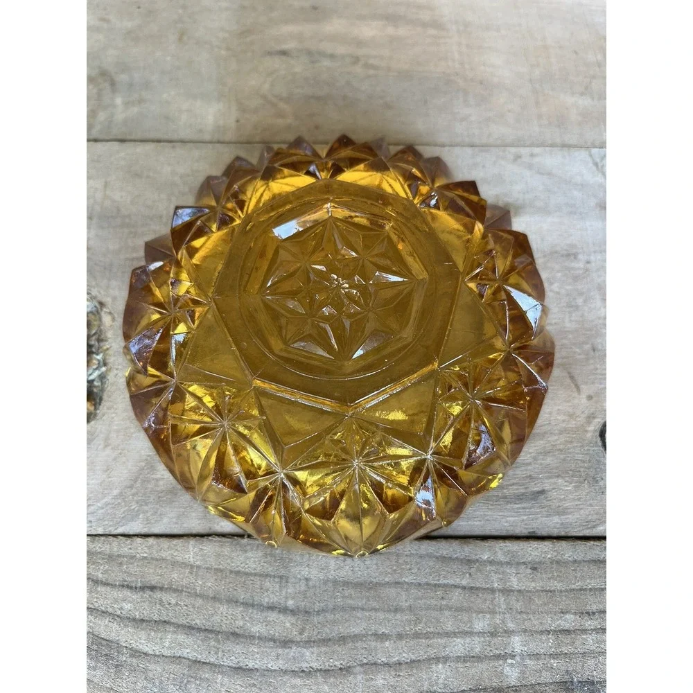 Vintage Amber  Round Cut Glass Candy, Nut Dish  1970s Trinket Dish Candy‎ Dish